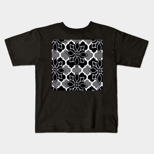 MOROCCAN BLACK AND WHITE PATTERN Kids T-Shirt by Overthetopsm